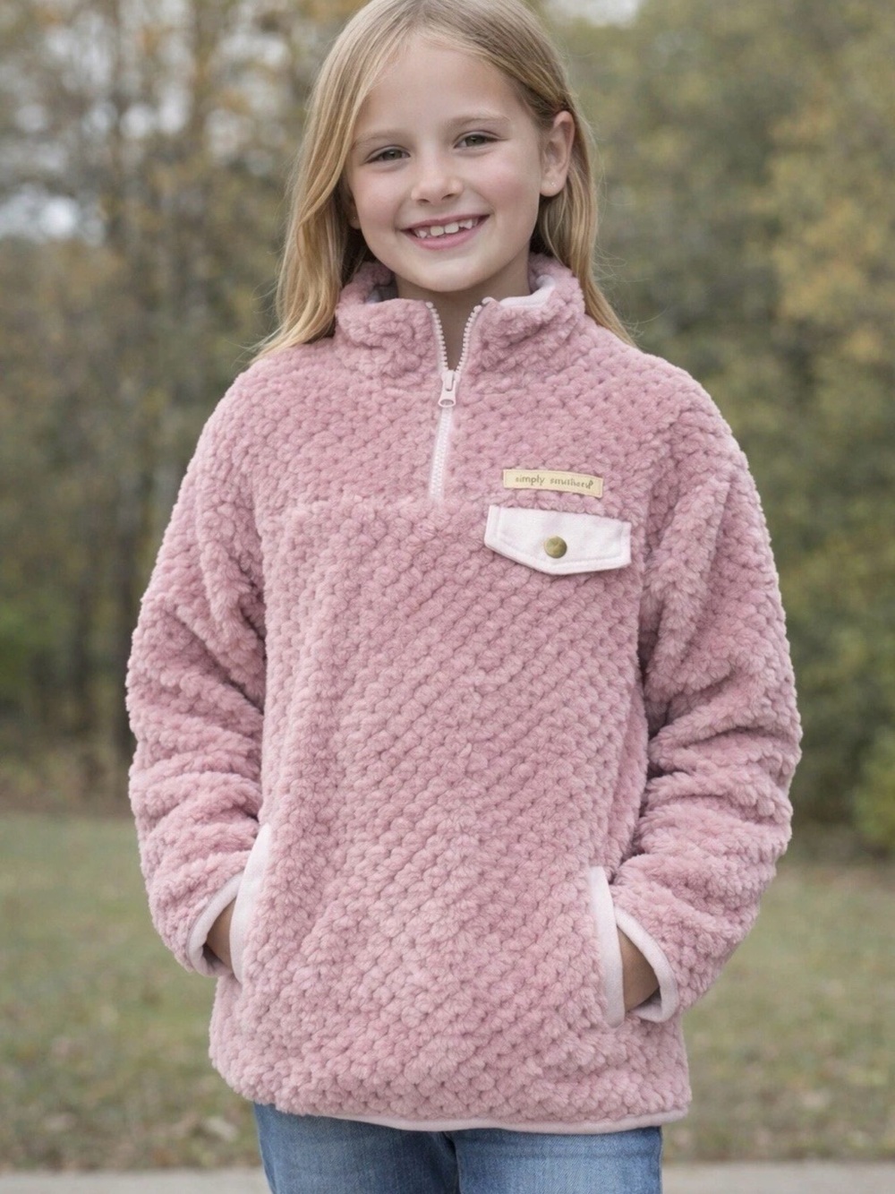 Simply Southern Youth Large Sherpa Pullover Pink Quarter Zip Girls Cozy